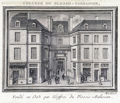 منظر للواجهة الخارجية لكلية Plessis Sorbonne (باريس) ، التي تأسست عام 1323 من قبل Geoffroy of Plessis Balisson والتي استخدمتها ENA من 1848 إلى 1849. نقش محفوظ في متحف كارنافالي ، باريس. بواسطة فنان غير معروف