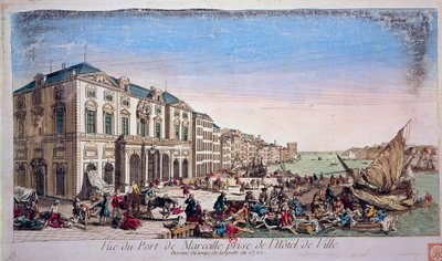 منظر لميناء مرسيليا من قاعة المدينة في وقت انتشار وباء الطاعون عام 1720 نقش 1720 باريس ، BN بواسطة فنان غير معروف