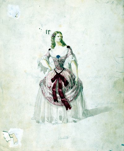 زي فيوليتا لأوبرا "لا ترافياتا" لجوزيبي فيردي إلى لا سكالا من عام 1855. بواسطة فنان غير معروف
