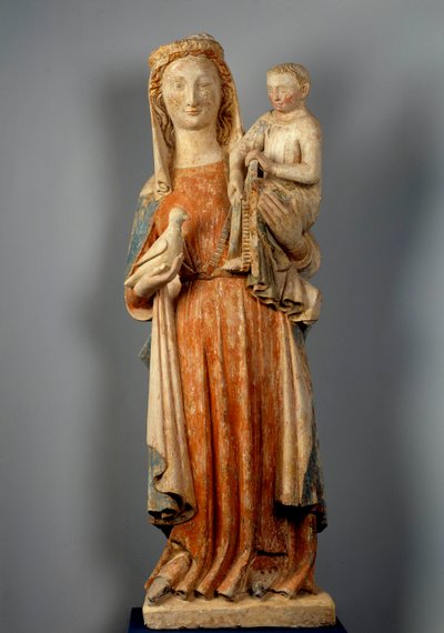 Virgin and Child The Virgin holds a dove in hand. Polychrome stone sculpture. 15th century. Church of Montaigu les Bois. بواسطة فنان غير معروف