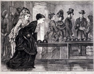 شابات يلعبن البولينج ، في الولايات المتحدة ، حوالي عام 1870 - نقش بواسطة فنان غير معروف