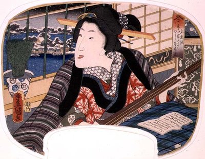 الشتاء ، Shinobazu Pond ؛ غيشا تمارس أغنية ، تصميم لمشجع من مجموعة من أربعة توضح الفصول بواسطة أوتاغاوا كونيسادا