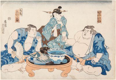 مصارعو السومو Kuroiwa و Zogahana مع الجيشا. طباعة أوتاغاوا كونيسادا (1786-1865) بواسطة أوتاغاوا كونيسادا