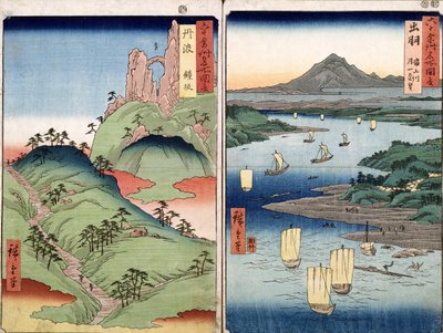 منظر طبيعي ومناظر بحرية ، منظران من سلسلة "60 -Odd Famous Views of the Provinces &39;، pub. بواسطة Kosheihei ، 1853 ، (طبعة خشبية ملونة) بواسطة Utagawa Hiroshige
