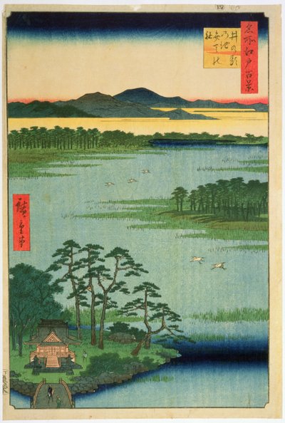 Benten Shrine ، Inokashia Pond ، من سلسلة `` مائة مشاهدة مشهورة لإيدو &39;&39; ، 1856 (طبعة خشبية ملونة) بواسطة Utagawa Hiroshige