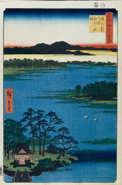 ضريح بنتن في بركة Inokashira. مائة مشاهدة شهيرة لإيدو ، ج. 1858 بواسطة Utagawa Hiroshige