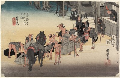 تغيير الحمالين والخيول ، فوجيدا ، ج. 1833 بواسطة Utagawa Hiroshige