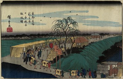 فجر في Emonzaka Hill في Nihon-zutsumi Bank ، Shin-Yoshiwara ، c. 1830 بواسطة Utagawa Hiroshige