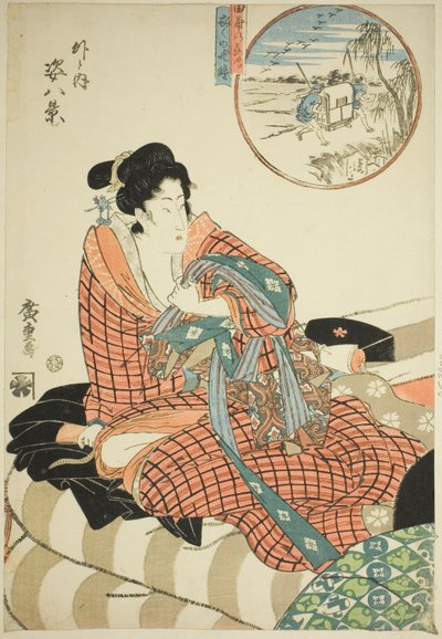 تنازلي الأوز في حقول الأرز (Tanbo no rakugan) وجرس المساء في الصباح التالي (Kinuginu no bansho) ، من سلسلة "Eight Views of Figures Inside and Outside (Soto to uchi sugata hakkei)" بواسطة Utagawa Hiroshige