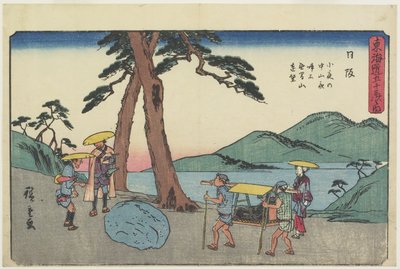 منظر بعيد عن جبل موغن وحجر يبكي ليلي في ممر سايو موناتين ، نيساكا ، 1841-1842 بواسطة Utagawa Hiroshige