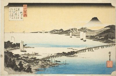 توهج المساء في جسر سيتا (سيتا نو سيكيشو) ، من سلسلة "ثمانية مناظر لأومي (Omi hakkei no uchi)" بواسطة Utagawa Hiroshige