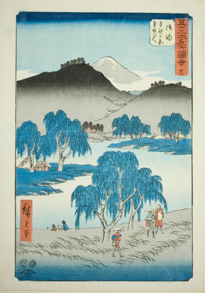 Goyu: Motono Plain و Motosaka Pass (Goyu ، Motonogahara Motozaka goe) ، رقم 36 من سلسلة "مشاهد مشهورة من المحطات الثلاثة والخمسين (Gojusan tsugi meisho zue)" ، المعروفة أيضًا باسم Vertical Tokaido بواسطة Utagawa Hiroshige