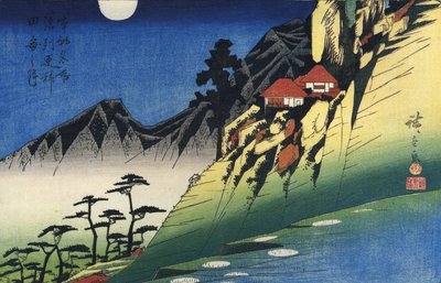 قمر هيروشيغي فوق المناظر الطبيعية الجبلية بواسطة Utagawa Hiroshige