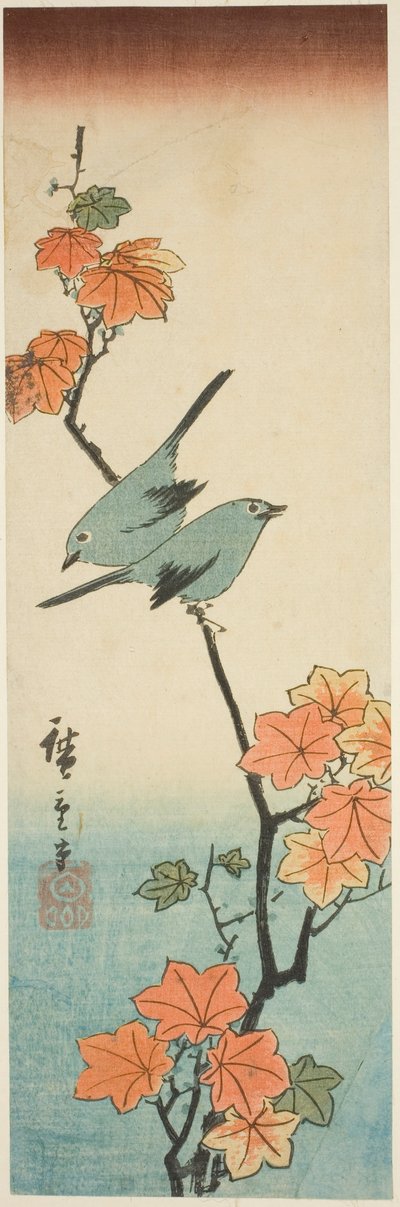 عيون يابانية بيضاء على فرع القيقب بواسطة Utagawa Hiroshige