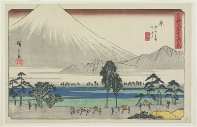 منطقة استراحة Kashiwahara بجانب البركة المطلة على جبل. فوجي ، هارا ، 1841-1842 بواسطة Utagawa Hiroshige