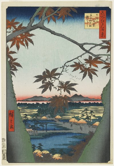 أشجار القيقب في ماما مع إطلالة على ضريح وجسر تيكونا ، يناير 1857 بواسطة Utagawa Hiroshige