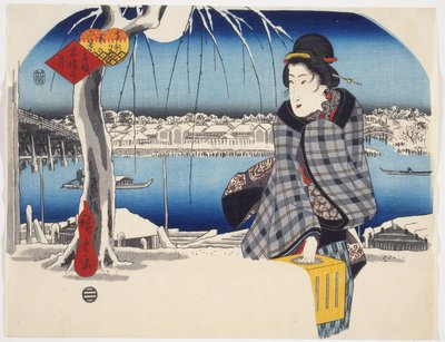 القمر بعد الثلج في Rygoku من سلسلة Three Views of Snow at Famous Places in the Eastern Capital ، c.1840 (طباعة لوح خشبي ملون) بواسطة Utagawa Hiroshige