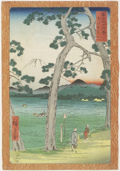 جبل. فوجي على اليسار يُرى من طريق To_kaido_ ، أبريل 1858 بواسطة Utagawa Hiroshige