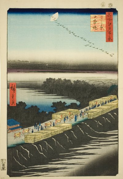 Nihon Embankment ، Yoshiwara (Yoshiwara Nihonzutsumi) ، من سلسلة "مائة منظر مشهور لإيدو (ميشو إيدو هياكي)" بواسطة Utagawa Hiroshige