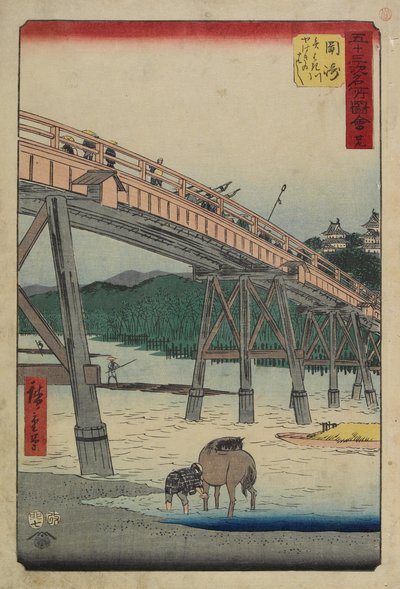 رقم 39 جسر ياهاجي فوق نهر ياهاجي ، أوكازاكي ، يوليو 1855 بواسطة Utagawa Hiroshige