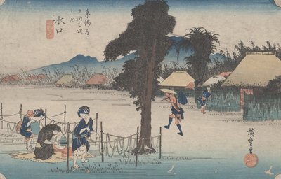 رقم 51 "ميناكوتشي: حلاقة القرع المجفف الشهيرة" من 53 محطة في توكايدو ، c.1833 بواسطة Utagawa Hiroshige
