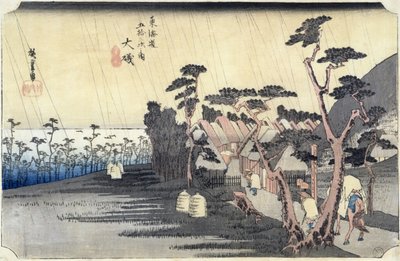 أويسو: دش Toraga Ame ، من سلسلة &39;53 Stations of the Tokaido Road &39;، 1834-35 (طبعة خشبية ملونة) بواسطة Utagawa Hiroshige
