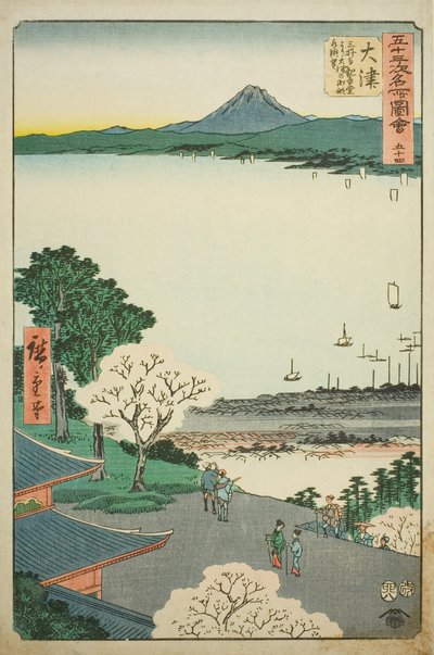 أوتسو: منظر بعيد لأوتسو والبحيرة من معبد Kannon Hall of Mii (Otsu ، Miidera Kannondo Yori Otsu No Machi Kosui Chobo) ، لا. 54 من سلسلة "المشاهد المشهورة لثلاث وخمسين محطة (Gojusan Tsugi Meisho Zue)" المعروفة أيضًا باسم Vertical To بواسطة Utagawa Hiroshige