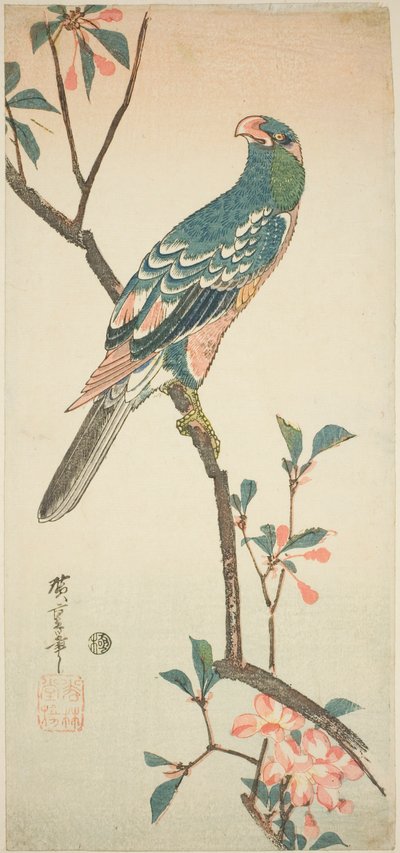 ببغاء على فرع مزهر بواسطة Utagawa Hiroshige