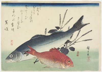 النهاش الأحمر ، Sea Bass و Perilla ، ج. 1840 بواسطة Utagawa Hiroshige