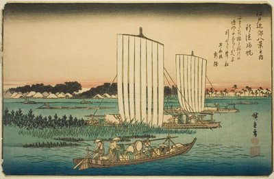 عودة الأشرعة في Gyotoku (Gyotoku no kihan) ، من سلسلة "Eight Views in the Environs of Edo (Edo kinko hakkei no uchi)" بواسطة Utagawa Hiroshige