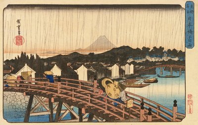 الدش في جسر نيهونباشي ، 1832-1834 (طبعة خشبية ملونة) بواسطة Utagawa Hiroshige
