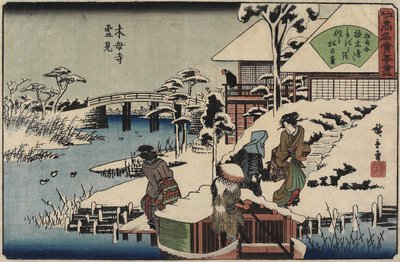 مشهد الثلج في معبد Mokubo-ji ومطعم Uekiya ، Uekiya ، ج. 1835-1842 بواسطة Utagawa Hiroshige