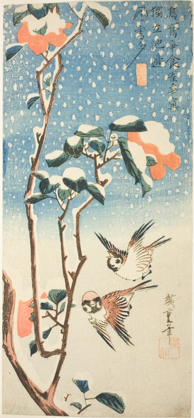 العصافير والكاميليا في الثلج بواسطة Utagawa Hiroshige