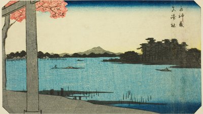 Suijin Woods and the Shrine at Massaki (Suijin no mori، Massaki yashiro) ، قسم من ورقة من سلسلة "Cutout Pictures of Famous Places in Edo (Edo meisho harimaze zue)" بواسطة Utagawa Hiroshige