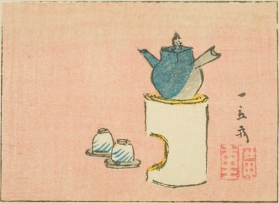 إبريق الشاي والأكواب ، جزء من ورقة من سلسلة مطبوعات غير معنونة harimaze بواسطة Utagawa Hiroshige