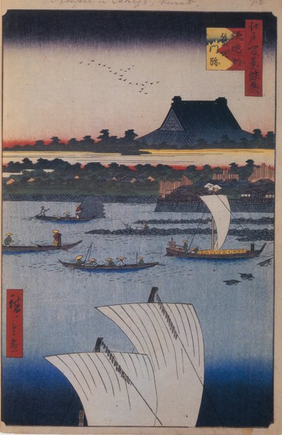 معبد تيبوزو وتوكيجي مونزيكي مائة مشاهدة شهيرة لإيدو ، 1856-1858 بواسطة Utagawa Hiroshige