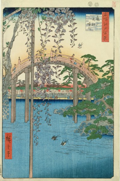 الجسر مع الوستارية أو Kameido Tenjin Keidai ، اللوحة 57 من &39;100 Views of Edo&39; ، 1856 (طباعة لوحة خشبية ملونة) بواسطة Utagawa Hiroshige
