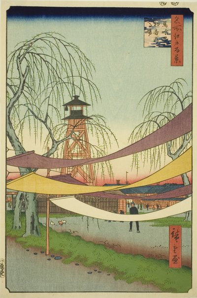 The Hatsune Riding Grounds at Bakuro-cho (Bakuro-cho Hatsune no Baba) ، من سلسلة "مائة منظر مشهور لإيدو (ميشو إيدو هياكي)" بواسطة Utagawa Hiroshige