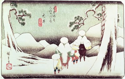 "المسافرون في Snow at Oi" ، من سلسلة "69 Stations of Kisokaido" ، الحانة. أواخر عام 1830 ، (حجم أوبان ، يوكو-إي - تنسيق أفقي ، طباعة لوح خشبي ملون) بواسطة Utagawa Hiroshige