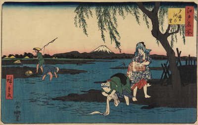 قرية بجوار نهر تاماغاوا ، مارس ١٨٥٨ بواسطة Utagawa Hiroshige
