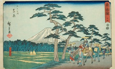 Yoshiwara: The Famous Sight of Mount Fuji on the Left (Yoshiwara, meisho hidari Fuji)—No. 15, from the series "Fifty-three Stations of the Tokaido (Tokaido gojusan tsugi)," also known as the Reisho Tokaido بواسطة Utagawa Hiroshige