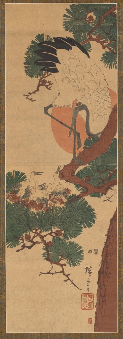 اللقلق والشمس والصنوبر بواسطة Utagawa Hiroshige II