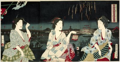 الاستمتاع بنسيم المساء أثناء الألعاب النارية في Ryogoku Ryogoku hanabi yusuzumi no kei (العنوان على الكائن) بواسطة فوكودا كوماجيرو