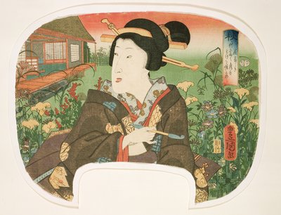 الخريف ، Hanayashiki: غيشا مع ماسورة ، تصميم لمروحة من مجموعة من أربعة توضح الفصول ، 1858-60 (طبعة خشبية) بواسطة أوتاغاوا كونيسادا