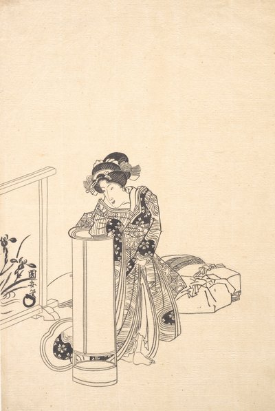 امرأة شابة تتكئ على مصباح طويل. بواسطة Utagawa Kuniyasu