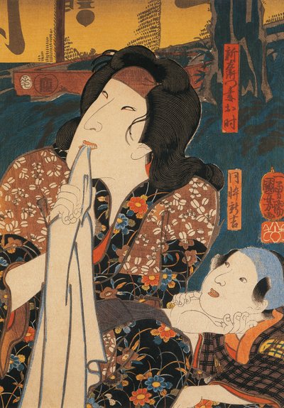 ممثل متأمل بجانب طفل ، بواسطة أوتاغاوا كونيوشي ، نقش خشبي بواسطة Utagawa Kuniyoshi