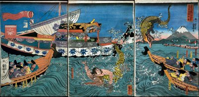 قتال أساهينا يوشيهيدي مع تمساحين في البحر قبالة كاماكورا كوتسوبو بواسطة Utagawa Kuniyoshi