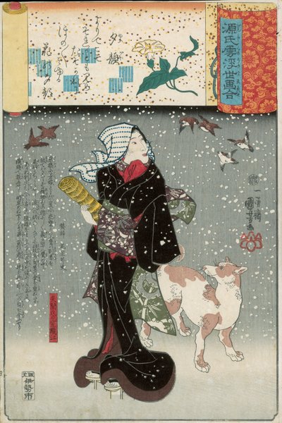 Bijin مع كلب في الثلج ، من سلسلة Genji mitate بواسطة Utagawa Kuniyoshi