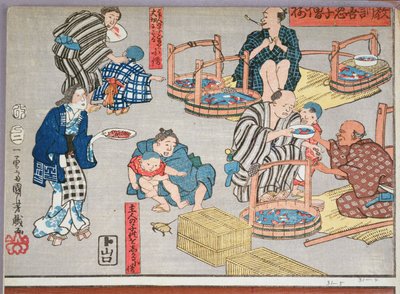 تعليم أخلاقي للمتسوقين ، إعطاء أمثلة جيدة وسيئة للسلوك ، 1857 (طباعة لوح خشبي ملون) بواسطة Utagawa Kuniyoshi