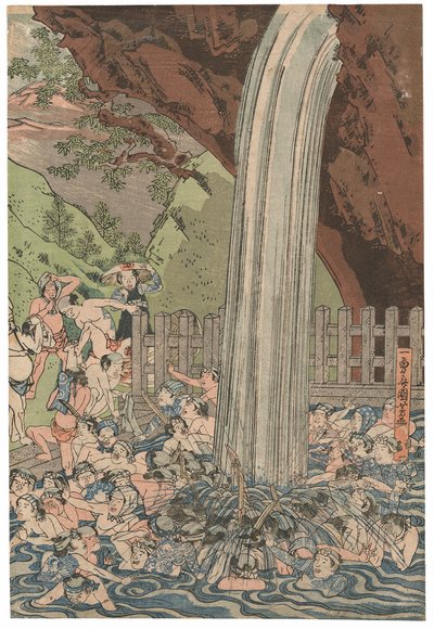 الحجاج في شلال روبن في أوياما ، وقعوا على Ichiyusai Kuniyoshi ، نشرته Azumaya Daisuke ، ختم kiwame ، Oban tate-e بالثلاثي (طباعة خشبية ملونة) بواسطة Utagawa Kuniyoshi